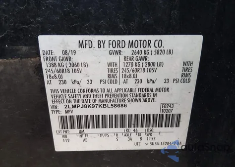 2019 Lincoln Nautilus Select z USA, uszkodzony, nr VIN 2LMPJ8K97KBL58686